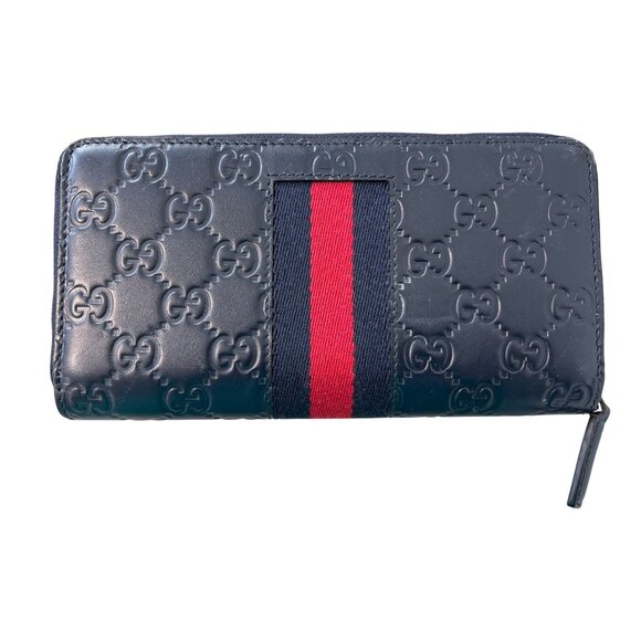 Gucci Guccissima Leather Zip Wallet Blue Red Stripe New With Box - Picture 1 of 7